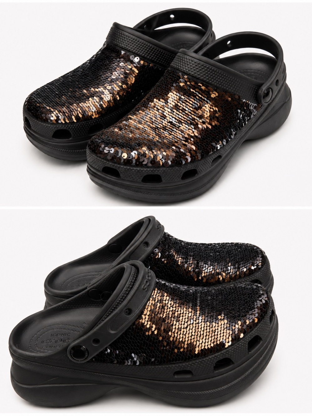 NWOT Crocs Classic Bae Platform Clogs Black Sequin Glitter Luxe Statement Shoes